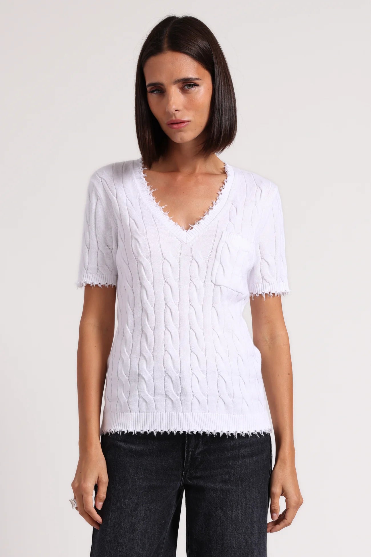 Cotton Frayed Cable V Neck Tee w/Pocket (9266)