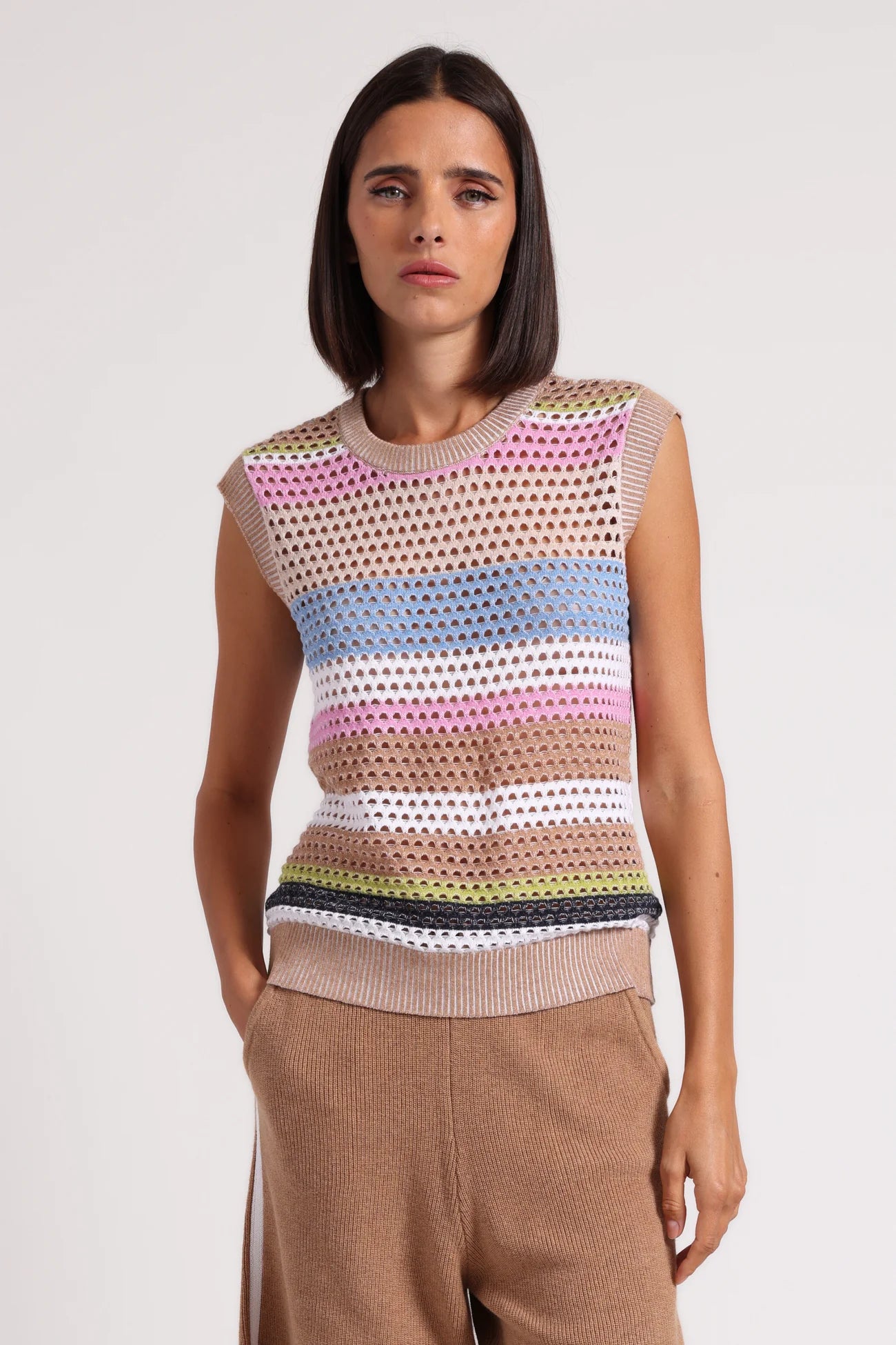 Cotton Cashmere Plaited Mesh Stripe Muscle Tank (9259)