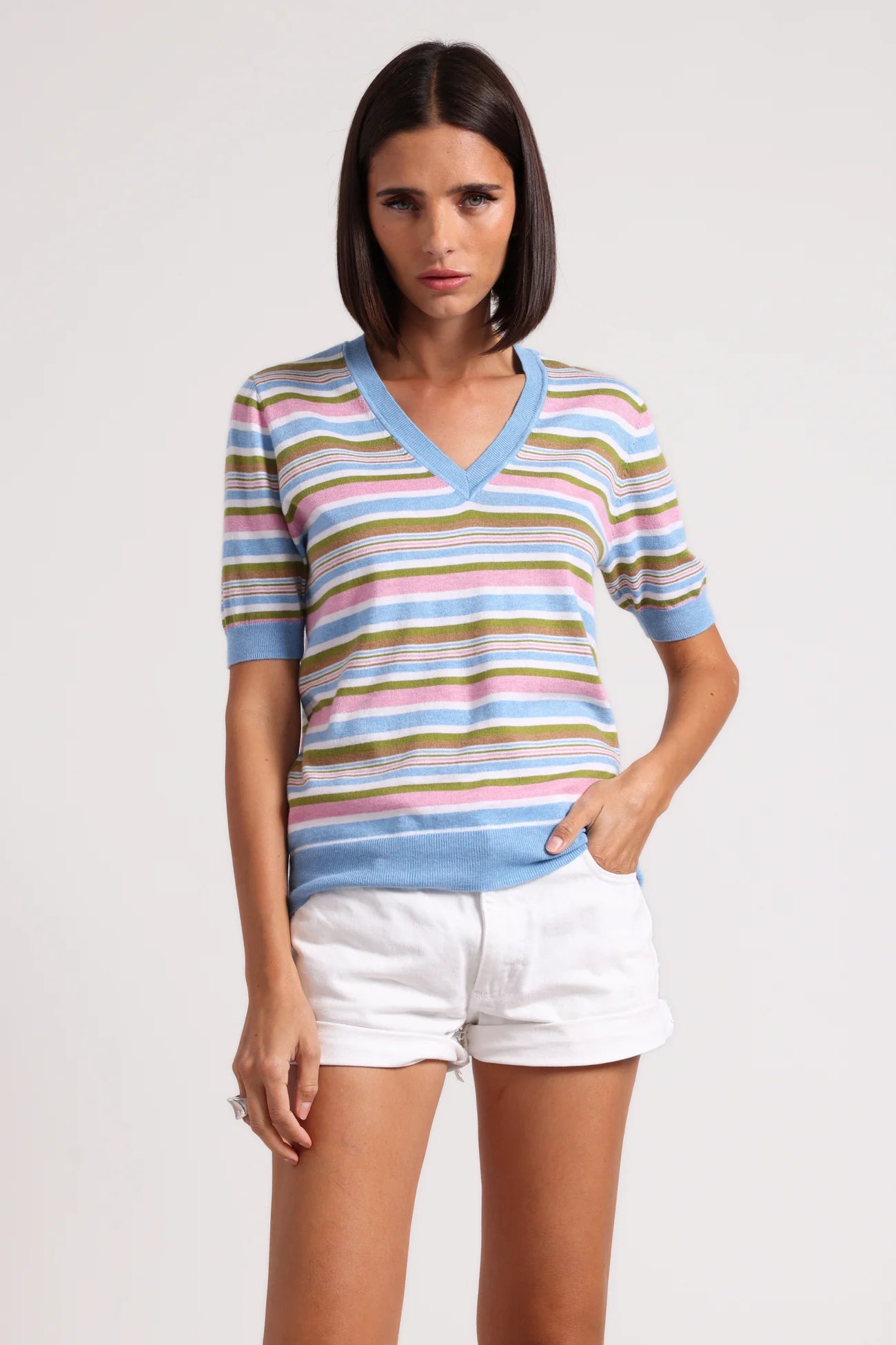 Supima Cotton Cashmere Short Sleeve Multi Stripe (9258)