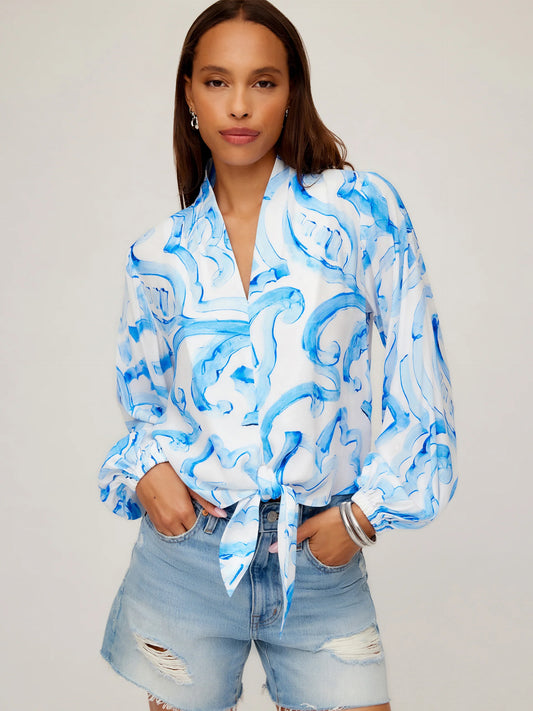 Scarlet Tie Front Top Blue Print