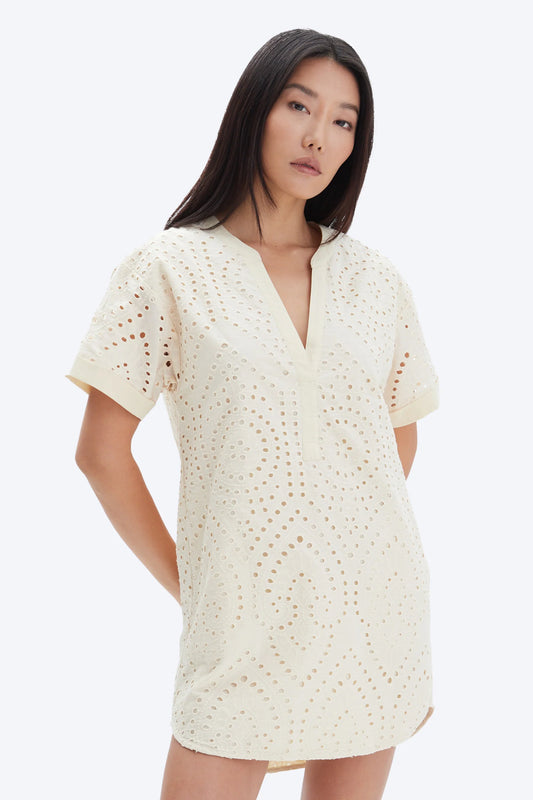 CHRLDR  Sand Lydia Eyelet Rolled Sleeve Min Dress