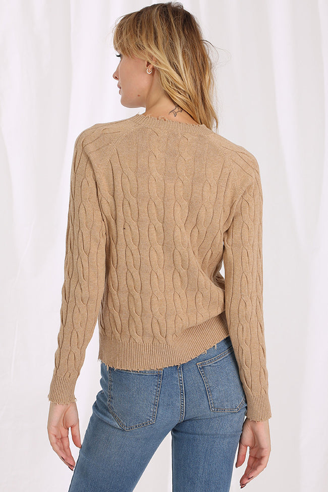 Cotton Cable Knit Sweater with Frayed Edges