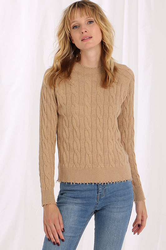 Cotton Cable Knit Sweater with Frayed Edges